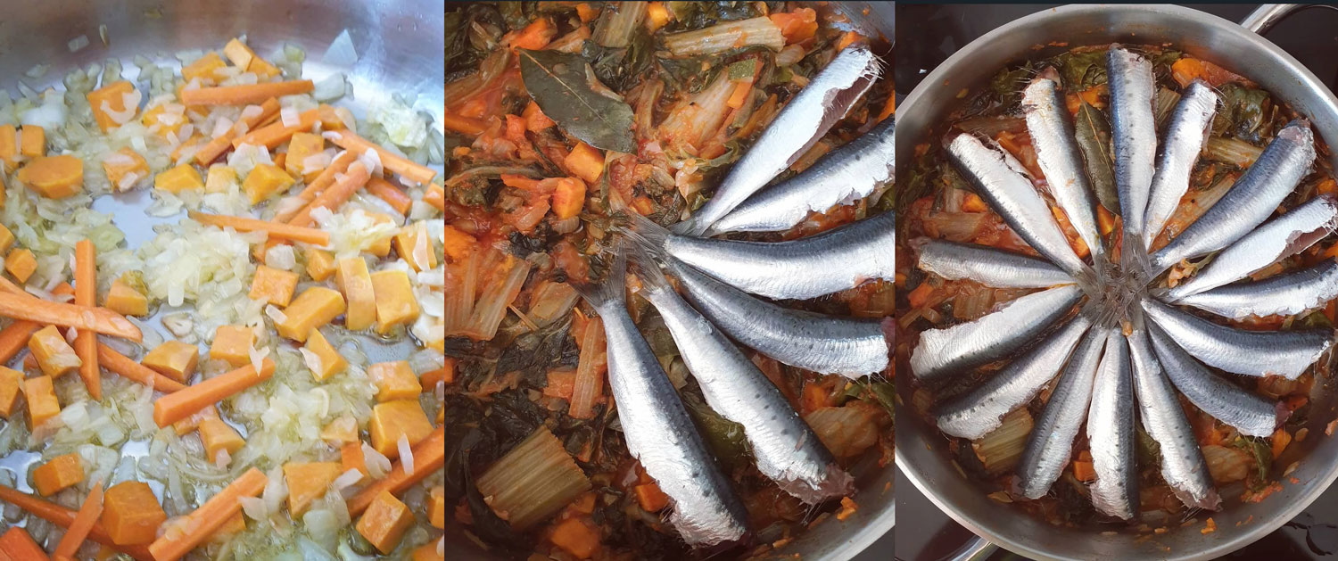 Elaboración de sardinas con acelga y boniato en salsa de tomate con un toque de vinagre