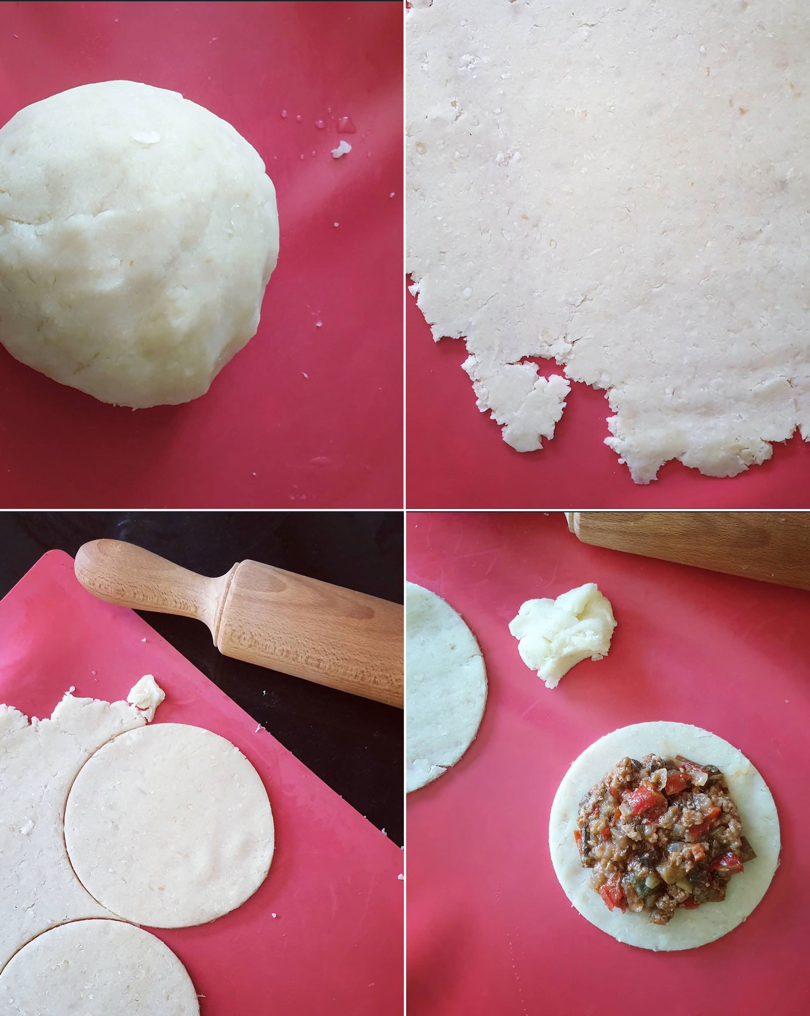 Amasado, corte y rellenado de la yuca para hacer empanadillas in gluten